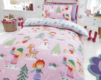 HLC Kids Girls Festive Christmas Tree Ice Skating Sausage Dog Pink Reversible Duvet Cover Bedding Fleece Throw
