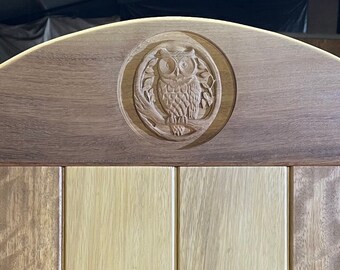 Pretty Garden Gates, Arch Top Design With Engraved Owl, Hardwood Entrance Gate, Custom Sizes Made To Order, Iroko Or Sapele Hardwood Timber