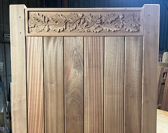 Pretty Hardwood Gate, Heavy Duty 70mm Sapele CNC Engraved, Custom Made Sizes, Wooden Garden Gates, Design: The Oak Leaf And Acorn Gate