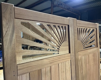 Wooden Driveway Gates In Sapele Hardwood Sunrise Detail Art Deco 1920s Custom Made Garden Gates Flat Top Design The Sunshine Gates