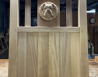 Wooden Garden Gate With British Bulldog Carving. Hardwood Entrance Gates With Dog Embossed. Custom Made Sizes Available.