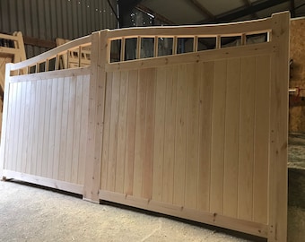 Swan Neck Driveway Gates, New Wooden Garden Gate Spindles Bespoke Sizes Custom Made, Good Quality, Curve Arch Top Design: The Harper’s Gate