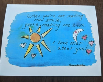 Tarjeta de felicitación romántica en acuarela: Me haces sonreír