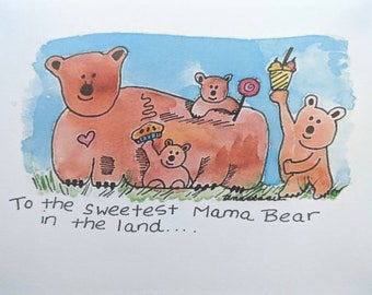 Tarjeta de acuarela de mamá osa: Dulce mamá y cachorros