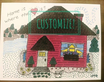 Dibujo personalizado de una casa, dibujo de una casa estilo caricatura, tarjeta de inauguración de casa
