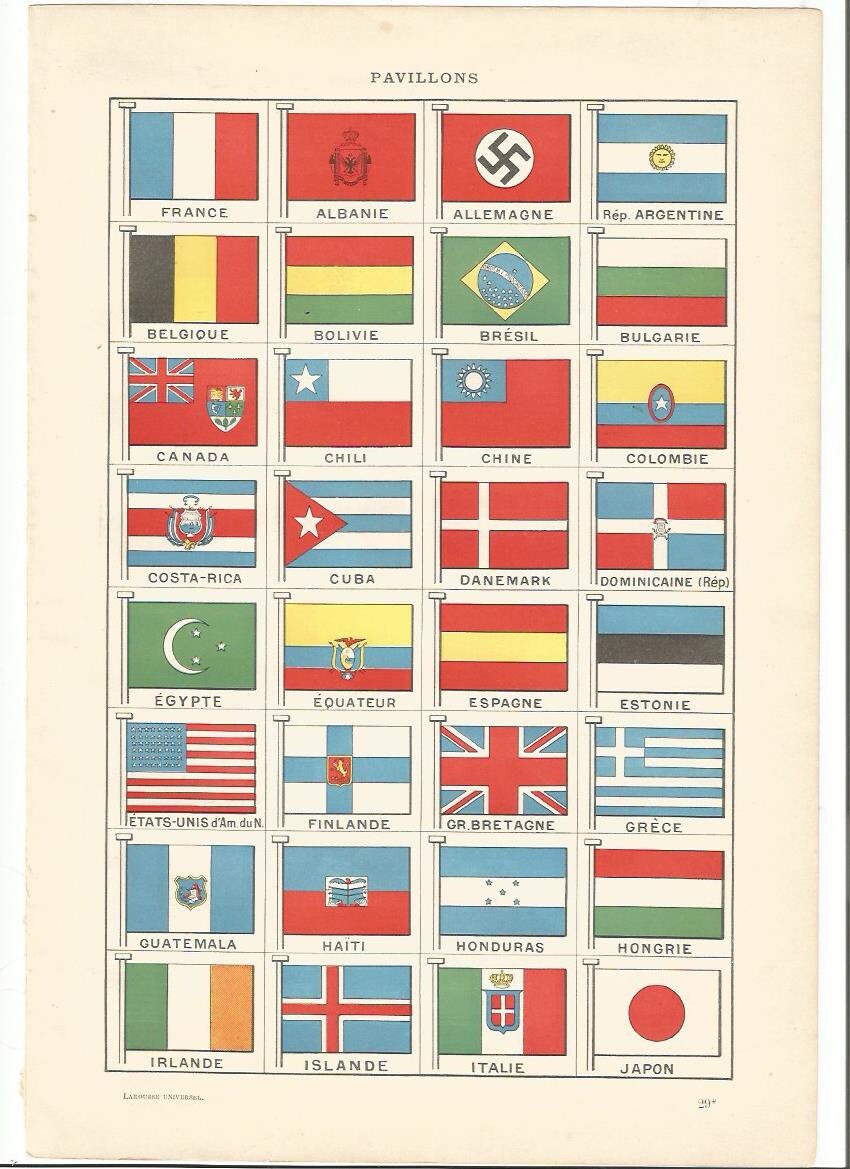 1922 Original Larousse Drapeaux Affiche Vintage Originale Ancienne Antique Authentic Print Flags - A