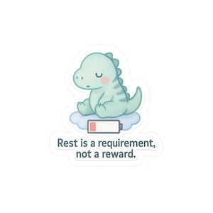 Op de afbeelding: Een sticker met een lichtgroene dinosaurus die op een wolk zit met een icoon van een bijna lege batterij. De tekst "Rest is a requirement, not a reward" staat eronder.