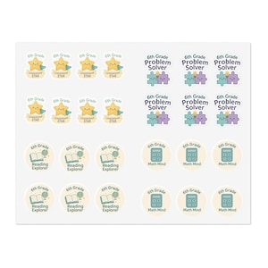 Pode incluir: Uma folha de autocolantes com vários desenhos para alunos da 6ª série. Os desenhos incluem prémios em forma de estrela, peças de puzzle, livros abertos e calculadoras. O texto inclui "Leadership Star", "Problem Solver", "Reading Explorer" e "Math Mind".