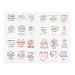Hojas de pegatinas de habilidades DBT - Pegatinas terapéuticas de acuarela pastel, juego de 24 mini, atención plena y más, aptas para niños y adolescentes