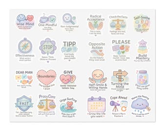 Hojas de pegatinas de habilidades DBT - Pegatinas terapéuticas de acuarela pastel, juego de 24 mini, atención plena y más, aptas para niños y adolescentes