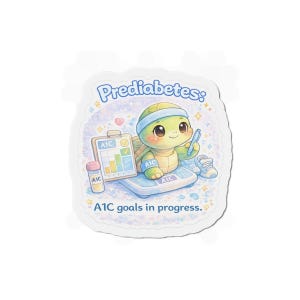 May include: A sticker featuring a cartoon turtle on a scale, with the text "Prediabetes: A1C goals in progress." The turtle wears a headband and holds a pen. A chart and a bottle labeled "A1C" are also present.