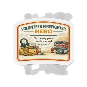 Może przedstawiać: Naklejka z beżową obwódką i białym tłem. Naklejka głosi "VOLUNTEER FIREFIGHTER - HERO" nad ilustracją sprzętu strażackiego, wozu strażackiego i samochodu. Tekst "Odważnie chronisz nasze domy i sąsiadów" jest również dołączony.