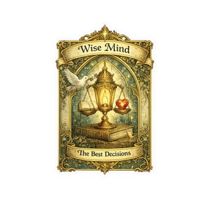 以下が含まれることがあります： 「Wise Mind」と「The Best Decisions」の文字が入ったステッカー。ハートと本、鳩、灯りの灯ったランタンが描かれています。背景は金、緑、青が混ざり合ったデザインです。装飾品です。