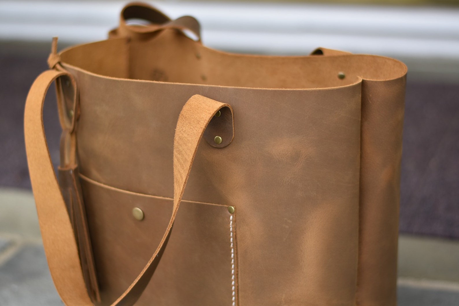 Sac tote en cuir cousu à la main Deux poches Cuir tanné Etsy