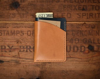 May include: A vertical leather wallet in tan and navy blue, with a twenty-dollar bill and a card visible inside. The wallet is on a wooden surface with faded text.