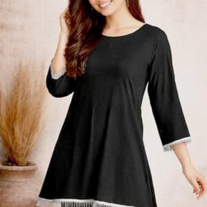 May include: Black tunic and pants set. The tunic has a round neckline and three-quarter sleeves with white lace trim. The pants are black. The logo "SIYABUN" is in the upper right corner.