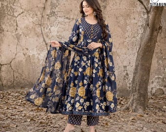 Navy Blue Floral Anarkali Kurta Set, Indian Pakistani Ethnic Wedding Outfit