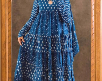 Indigo Cotton Anarkali Gown Set Hand Block Print Dress with Dupatta