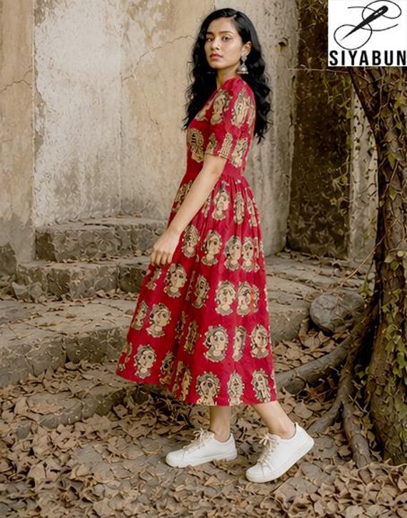 cotton kalamkari dress Red Midi | Boho Ethnic Dress | Summer Indo Western Outfit Pen kalamkari Waist Size:36″ miami boutique Agnes Orinda Women's Plus while the curved hemline