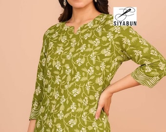Kurti-top van katoen met print, etnische bloemenblokprint, 3/4-mouw