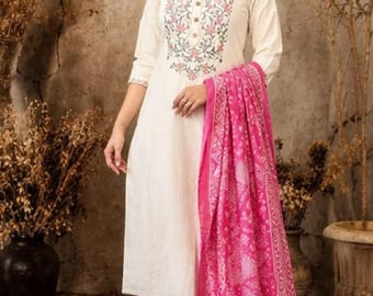 Cotton Kurta Set with Pink Dupatta, Floral Embroidered Kurti, Indian Ethnic Wear, Festival Outfit