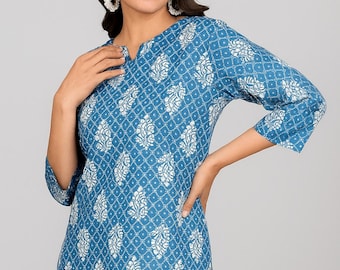 Kurti-top van katoen met print etnische kantoorkleding indigo blokprint Kurta voor dames