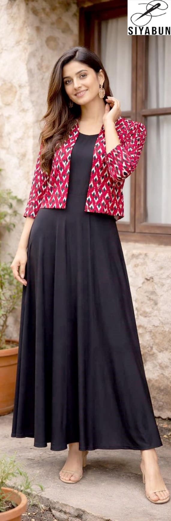 Black Maxi Dress With Printed Jacket, Indo Western Outfit, Indian Fusion Dress for Women