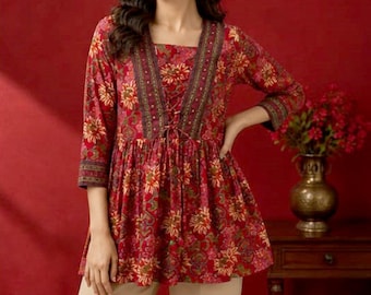Kurti-top van katoen met print Sanganeri indigo etnische kleding met blokprint