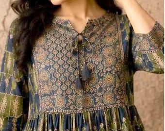 Katoenen Kurta-top, tuniek met handblok bloemenprint, boho etnische zomerkleding