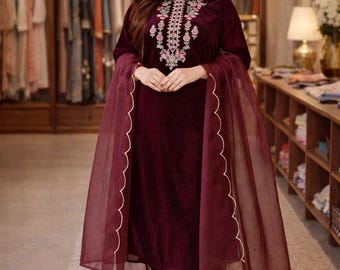 Velvet Winter Wear Suit Set with Embroidered Neck Punjabi Suit Indian Wedding Party Wear Designer 3 Piece Set