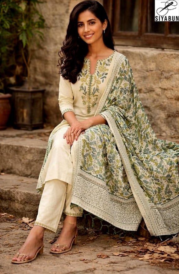 Floral Cotton Suit Set with Dupatta | Indian Ethnic Kurta Pant Outfit