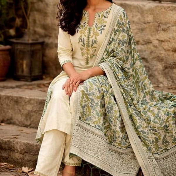 Floraler Baumwollanzug mit Dupatta | Indisches ethnisches Kurta Hose Outfit