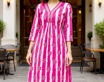 Floral Block Print Kurta Set Striped Cotton Kurti Pant