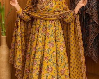 Mustard Yellow Floral Anarkali Dress for Women with Dupatta – Hand Block Print Ethnic Wear