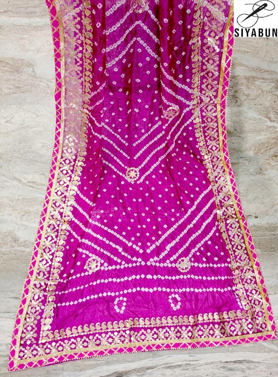 Pink Bandhani Dupatta with Gota Patti Border, Indian Wedding Wear