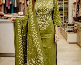 Conjunto de pantalón kurta con estampado de bandhani y dupatta, ropa étnica india tradicional para mujer, conjunto de traje festivo e informal de Rajasthani.
