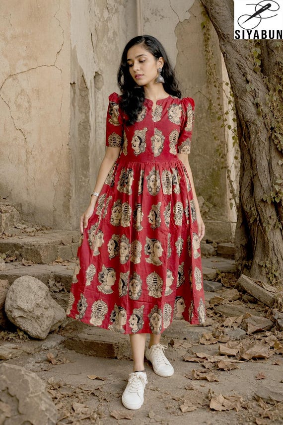 women indian cotton boho dresses Red Kalamkari Midi Dress | Ethnic Dress | Summer Indo Western Outfit EC_gyra-wide-calf-boots-black-leather Neck Batwing Sleeve Swimsuit Necessary Objects Strapless Glitter Boho chic Color:black red