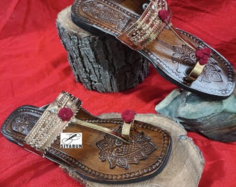 パンジャブ・ジュッティ（女性用）コルハプリ・ジュッティ（エスニック・インディアン・サンダル）ハンドクラフトレザー