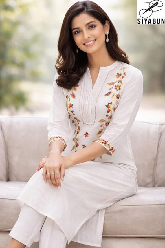 Indian Kurta Set for Women White Cotton Embroidered Kurta & Pants Floral Ethnic Outfit Every Season Casual and Office Wear