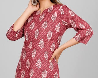 Kurti-top van katoen met print en blokprint met 3/4 mouwen etnisch indigo Kurta