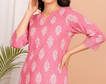 Indigo katoenen tuniektop met handblokprint, 3/4-mouw Indian Kurta etnische korte Kurti