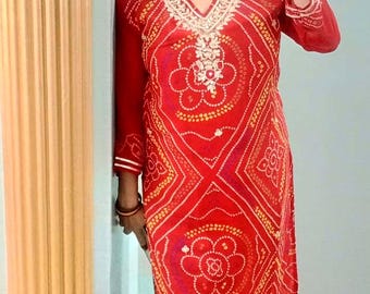 Bandhani Print Kurta Rajasthani Party Dress Ethnic Traditional Kurti For Women