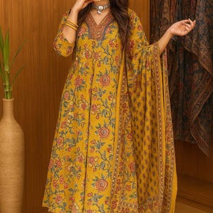 Mustard Yellow Floral Anarkali Dress for Women with Dupatta – Hand Block Print Ethnic Wear
