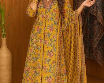 Mustard Yellow Floral Anarkali Dress for Women with Dupatta – Hand Block Print Ethnic Wear