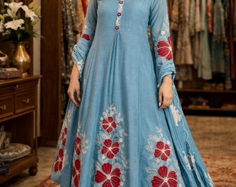 Teal Blue Floral Embroidered Anarkali Gown with Dupatta