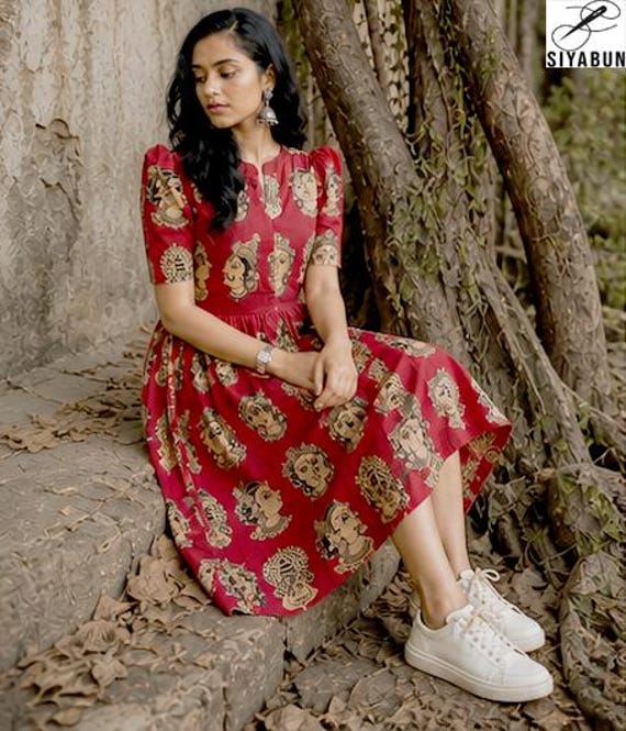 Red Kalamkari Midi Dress | Boho Cotton Ethnic Dress | Summer Indo Western Outfit