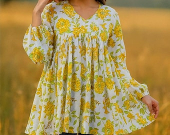 Korte Kurti-jurk van katoenrayon met bloemenblokprint, Indiase korte tuniektop, etnisch