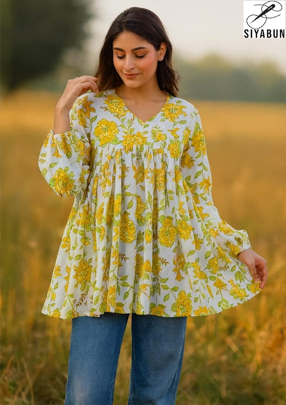 Printed Cotton Rayon Short Kurti Floral Block Print Style Indian Short Tunic Top Ethnic
