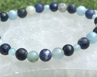 Throat Chakra Crystal Bracelet: Sodalite, Lapis Lazuli, Angelite