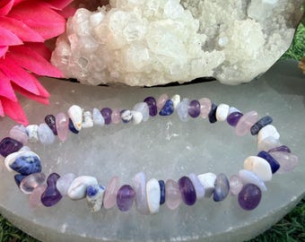 Pulseira de Cristais para Emoções Difíceis: Ametista, Quartzo Rosa e Sodalita